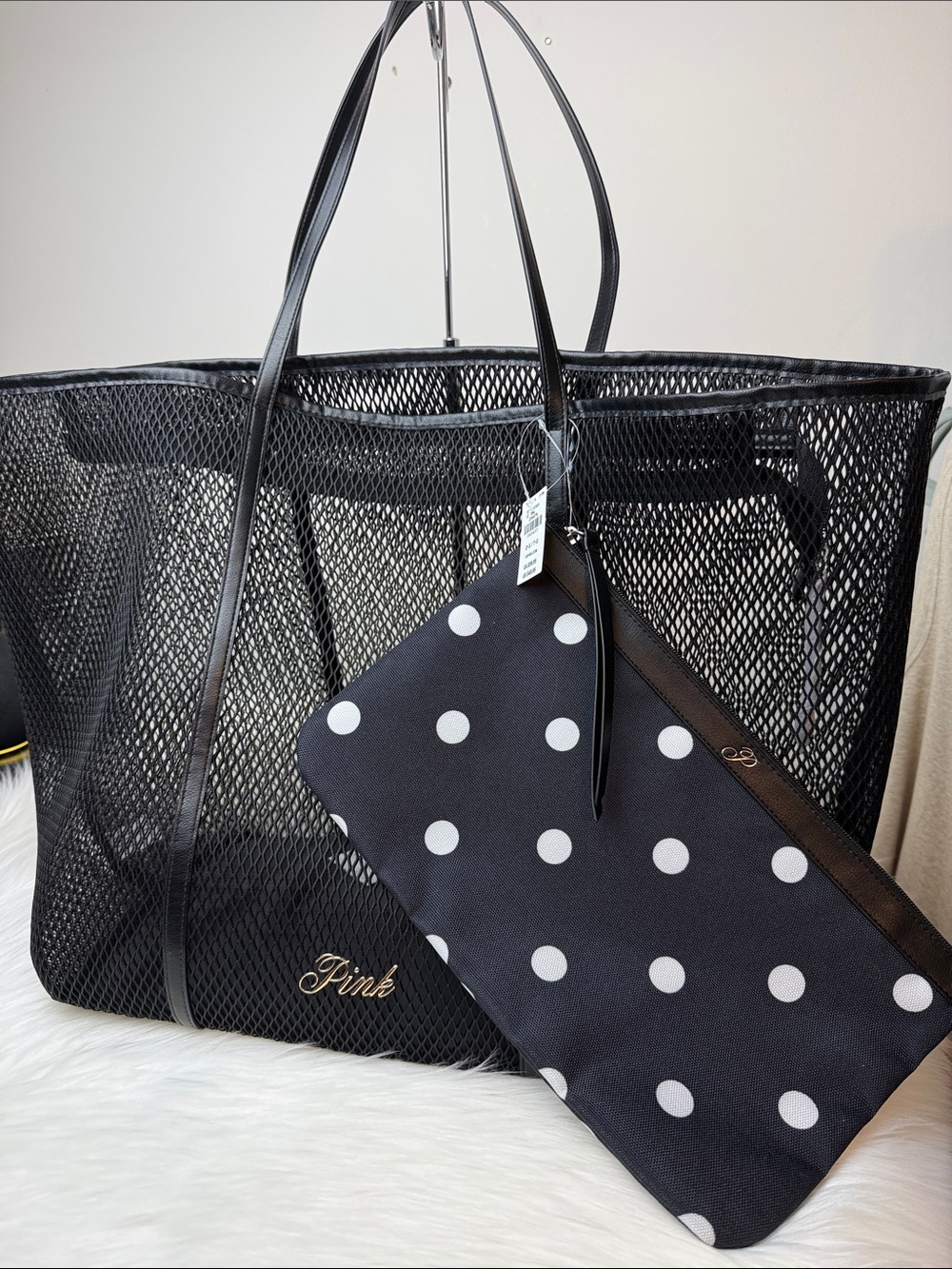 NWT PINK Victoria’s Secret Black Mesh Tote and Polka Dot Pouch Set